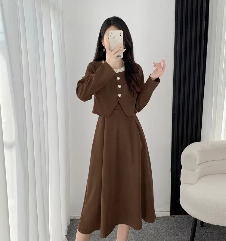 Chic Cardigan Coat  Velvet Dress Set Autumn Brown 364 - Image 1