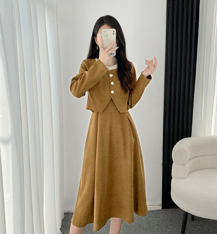 Chic Cardigan Coat  Velvet Dress Set Autumn Brown 364 - Image 3