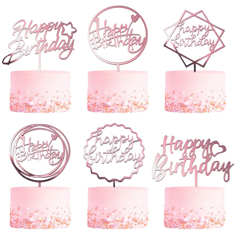 LetsCake 6-Pack Rose Gold Birthday Cake Topper Set, Double-Sided Glitter, Acrylic Happy Birthday Sign Cake Toppers/Cupcake Toppers, Party Decorations Supplies for Girls and Mom. - Image 1