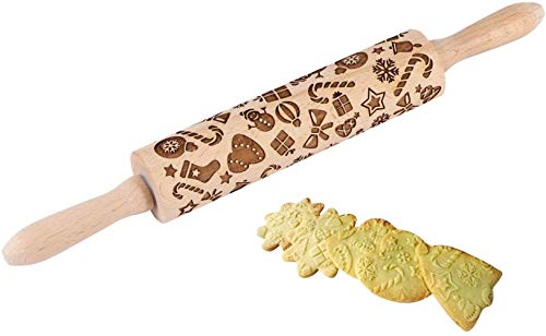 Sthrucrack Christmas Wooden Rolling Pins, Xmas 3D Reindeer Shape Decor Embossing Rolling Pin,Christmas Patterned Rolling Pin Baking Tools (Christmas Elements) - Image 1