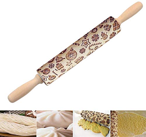 Sthrucrack Christmas Wooden Rolling Pins, Xmas 3D Reindeer Shape Decor Embossing Rolling Pin,Christmas Patterned Rolling Pin Baking Tools (Christmas Elements) - Image 3