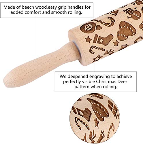 Sthrucrack Christmas Wooden Rolling Pins, Xmas 3D Reindeer Shape Decor Embossing Rolling Pin,Christmas Patterned Rolling Pin Baking Tools (Christmas Elements) - Image 5