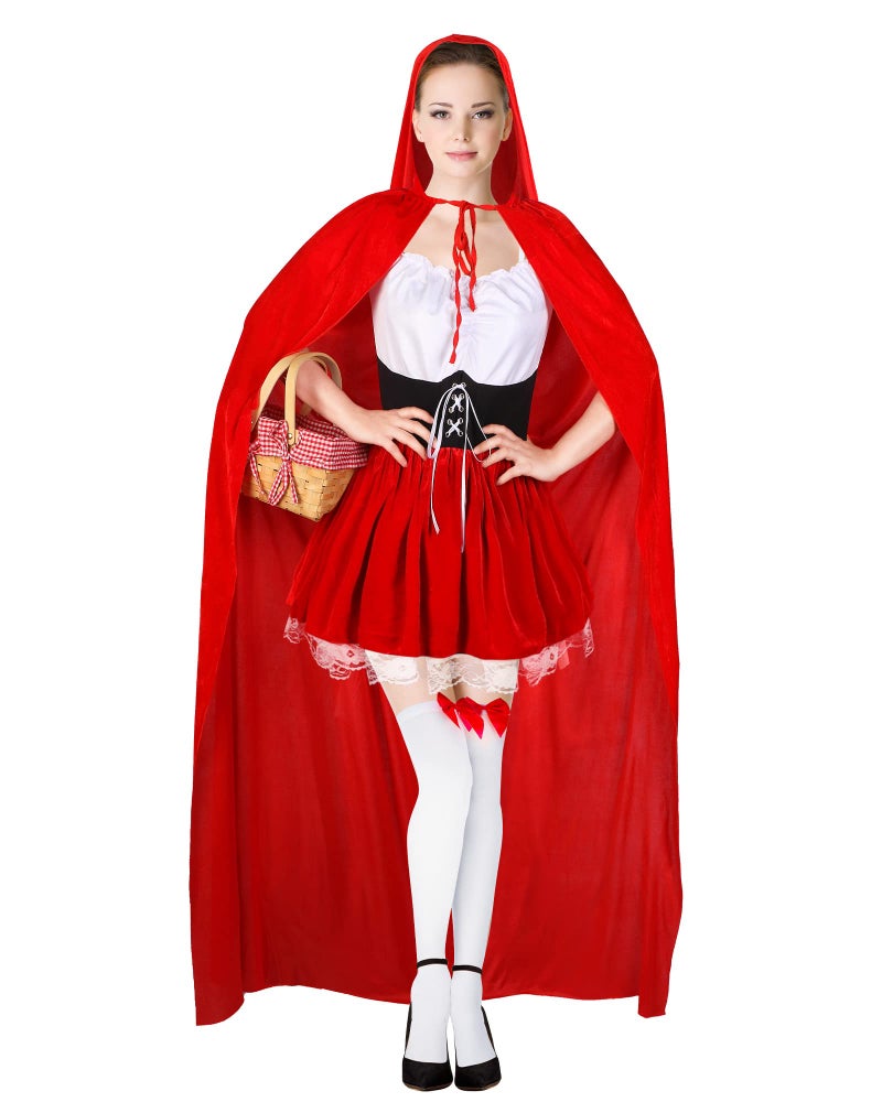 Haysandy 4 Pcs Womens Little Red Riding Hood Costume Halloween Party Dress with Red Hooded Cloak White High Socks Picnic Basket S