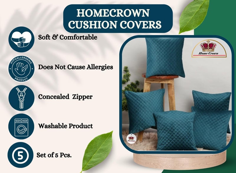 HOMECROWN 16x16 Inch Quilted Velvet Cushion Covers Set of 5 – Soft Decorative Throw Pillow Cases for Sofa, Couch, Bed, and Living Room – Zipper Closure, Sea Green - Image 3