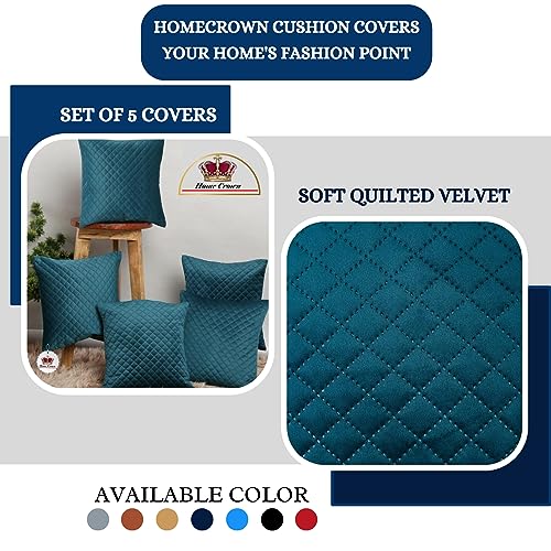 HOMECROWN 16x16 Inch Quilted Velvet Cushion Covers Set of 5 – Soft Decorative Throw Pillow Cases for Sofa, Couch, Bed, and Living Room – Zipper Closure, Sea Green - Image 4