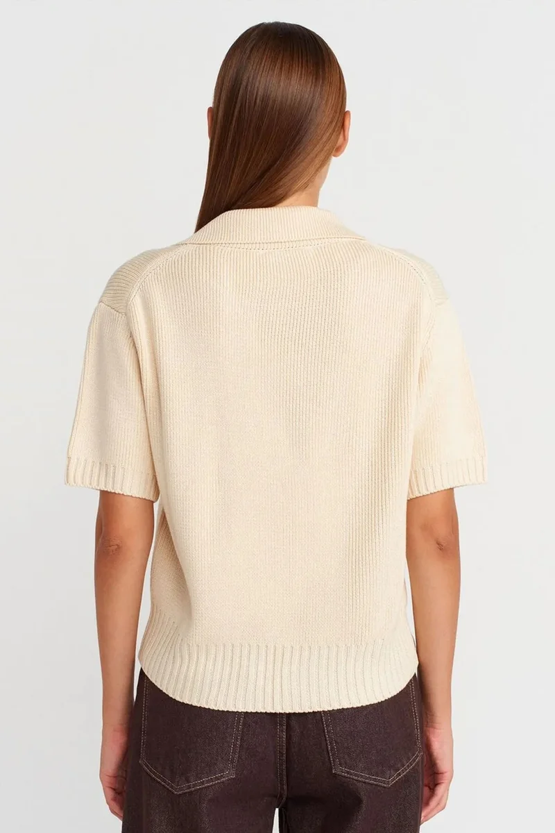 Dilvin Cream Natural DILVIN Women's Ribbed Acrylic Polo Cardigan With Tie Front for Women | Best Price UAE