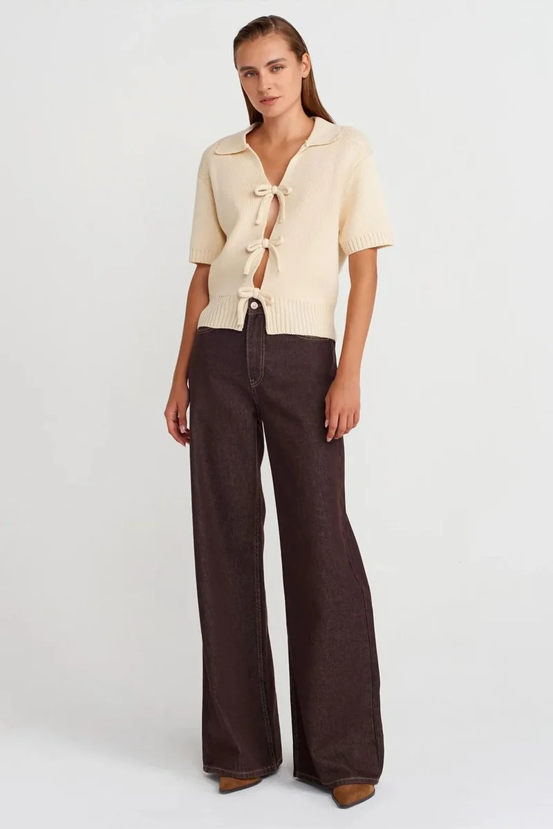 Dilvin Cream Natural DILVIN Women's Ribbed Acrylic Polo Cardigan With Tie Front for Women | Best Price UAE