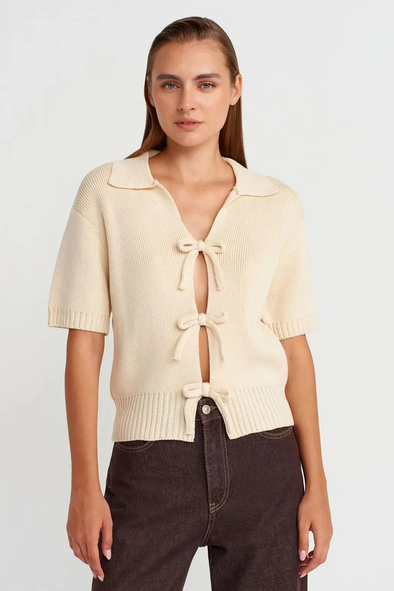 DILVIN Women's Ribbed Acrylic Polo Cardigan With Tie Front