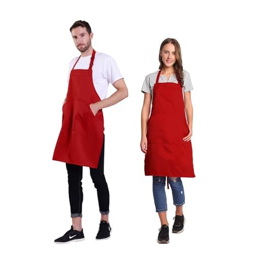 BIGHAS Adjustable Bib Apron with Long Ties for Women Men 18 Colors Chef Kitchen Cooking (Red) - Image 2