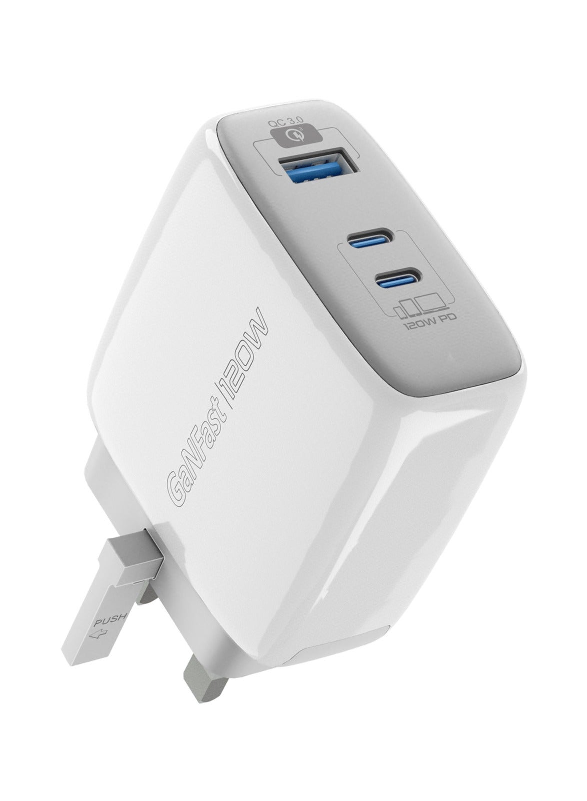 PROMATE USB-C Charger, Premium GaNFast Technology 120W Type-C Power Delivery Adapter with Dual USB-C Ports, QC 3.0 USB Port, Adaptive Charging, Smaller Design and Surge Protect for Smartphones, Laptop