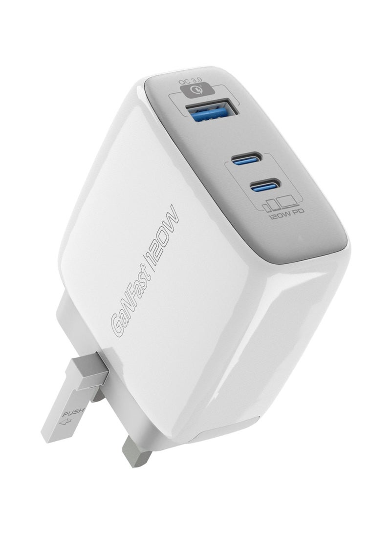 بروميت USB-C Charger, Premium GaNFast Technology 120W Type-C Power Delivery Adapter with Dual USB-C Ports, QC 3.0 USB Port, Adaptive Charging, Smaller Design and Surge Protect for Smartphones, Laptops, PowerPort-120 White White - Image 1