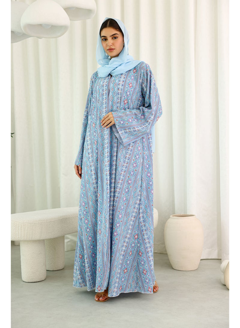 IKKXA Maxi Cut Design Spring Printed Blue Abaya - Image 1