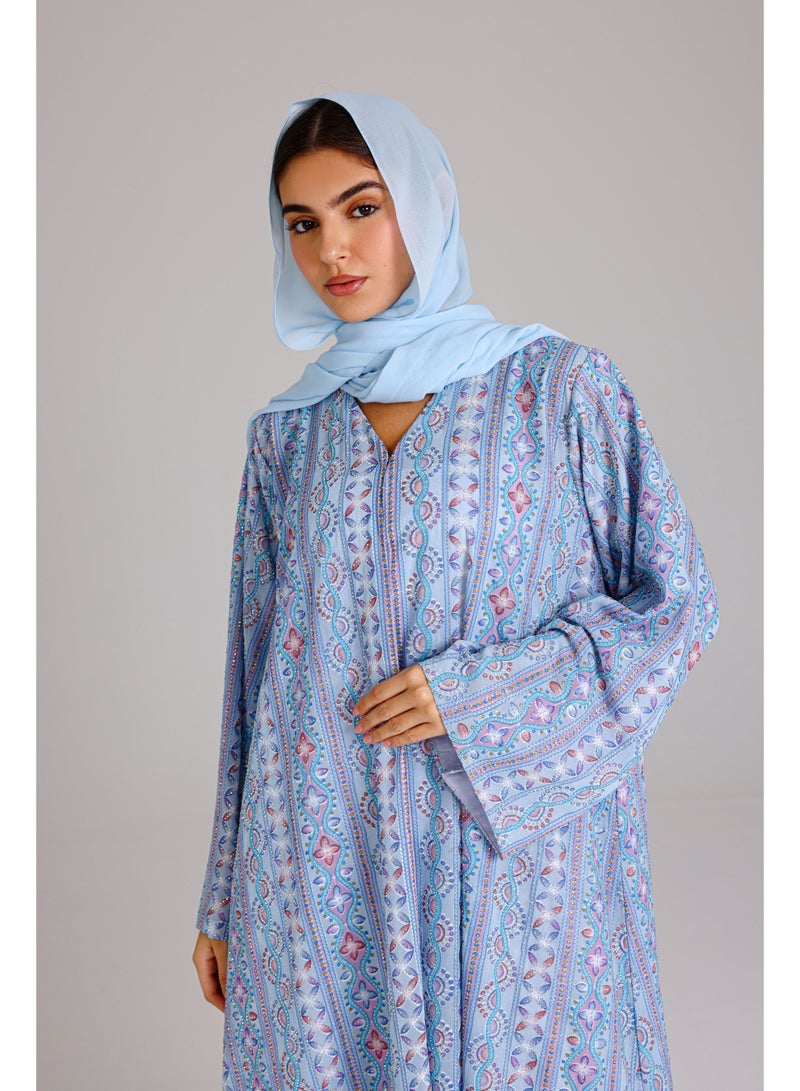 IKKXA Maxi Cut Design Spring Printed Blue Abaya - Image 2