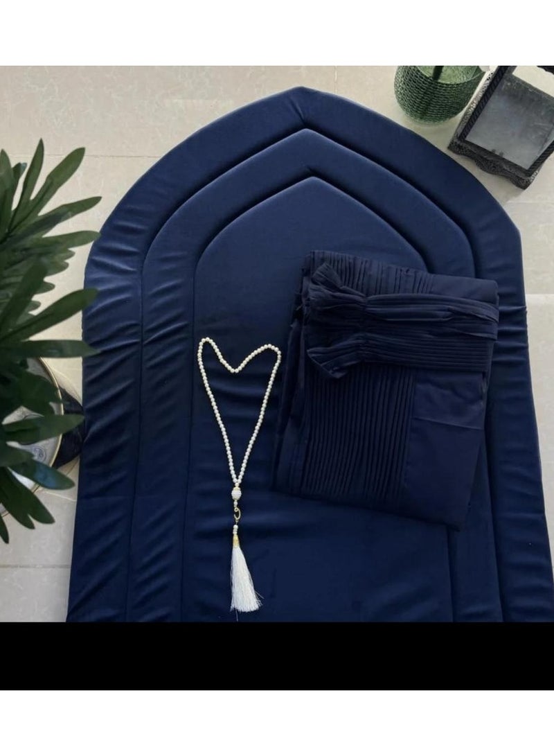 Velvet prayer set, padded prayer rug with plain pleated prayer sheet - navy blue - Image 1