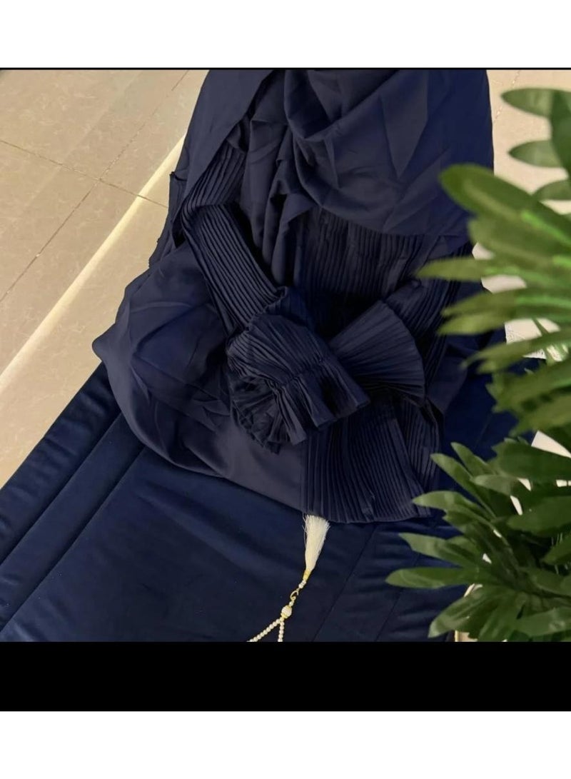 Velvet prayer set, padded prayer rug with plain pleated prayer sheet - navy blue - Image 2