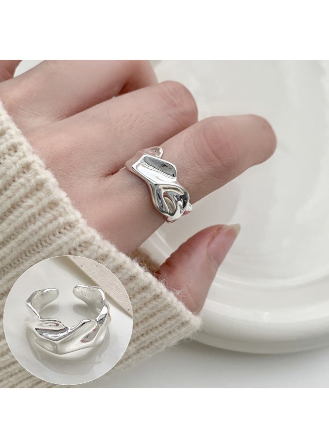 Wide Edge Geometric Line Winding Ring Women's Frosted Fog Face S925 Silver Plated Open Ring Distinctive Creative Finger Ring