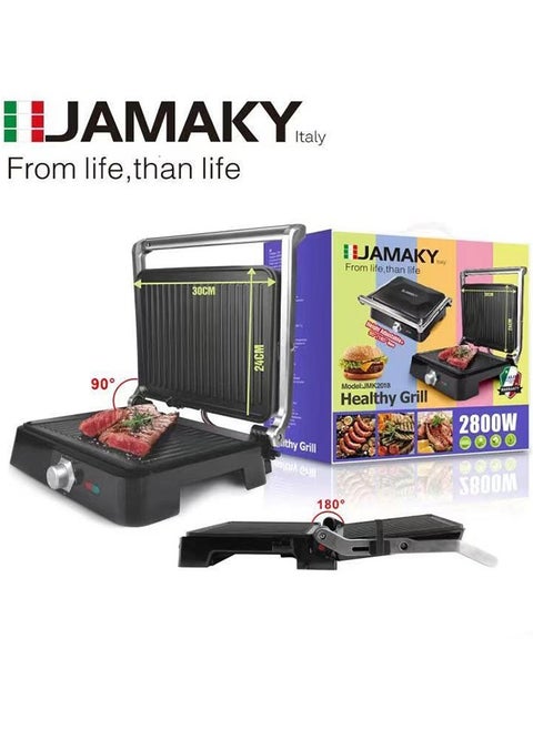 Electric grill with Italian technology for delicious barbecue meals,  2800-watt ,JMK2018 , Convenient and easy-to-use , features a non-stick coating, adjustable temperature settings, and a drip tray. Allows 90 degrees and 180 degrees heating, suitable for preparing delicious recipes.