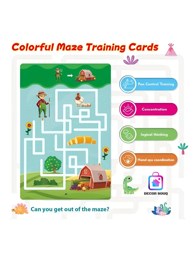 DECOR SOUQ Ultimate Advanced Maze Puzzle Card Set - 24 Double-Sided Cards Featuring 48 Intricate and Challenging Mazes for Kids and Adults! Take Your Maze-Solving Skills to Next Level with this Engaging and Educational Puzzle Collection, Designed to Stimulate Critical Thinking and Enhance Problem-Solving Abilities. Each Card Features Unique Themes Providing Hours of Fun and Entertainment. Portable and Durable, the Cards Are Perfect for On-the-Go Play, Classroom Activities or Family Game Nights. Ideal for Learners of All Ages, These Advanced Mazes Make a Wonderful Gift for Puzzle Enthusiasts, Promoting Cognitive Growth while Providing Endless Fun. Includes Bonus Dry-Erase Marker for Tracing Paths Repeatedly, Offering Limitless Maze Challenges and Replay Value. Whether You're a Beginner Looking for a Fun Challenge or a Maze-Lover Seeking the Next Level of Difficulty, this 24-Card Set with 48 Exciting Mazes Promises to Delight and Entertain. Dive into the World of Mind-Bending Mazes Today!  - Image 3