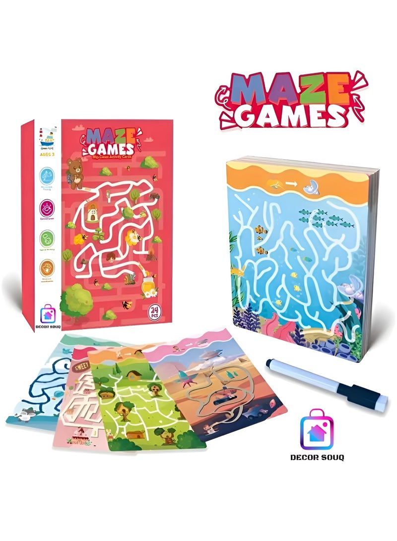 DECOR SOUQ Ultimate Advanced Maze Puzzle Card Set - 24 Double-Sided Cards Featuring 48 Intricate and Challenging Mazes for Kids and Adults! Take Your Maze-Solving Skills to Next Level with this Engaging and Educational Puzzle Collection, Designed to Stimulate Critical Thinking and Enhance Problem-Solving Abilities. Each Card Features Unique Themes Providing Hours of Fun and Entertainment. Portable and Durable, the Cards Are Perfect for On-the-Go Play, Classroom Activities or Family Game Nights. Ideal for Learners of All Ages, These Advanced Mazes Make a Wonderful Gift for Puzzle Enthusiasts, Promoting Cognitive Growth while Providing Endless Fun. Includes Bonus Dry-Erase Marker for Tracing Paths Repeatedly, Offering Limitless Maze Challenges and Replay Value. Whether You're a Beginner Looking for a Fun Challenge or a Maze-Lover Seeking the Next Level of Difficulty, this 24-Card Set with 48 Exciting Mazes Promises to Delight and Entertain. Dive into the World of Mind-Bending Mazes Today!  - Image 2