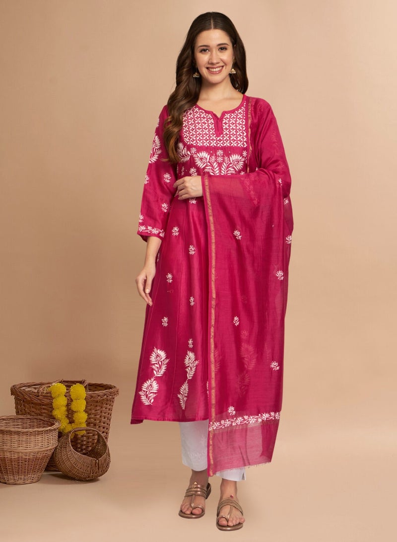Alaya Hand embroidered Chikankari Chanderi Cotton Kurta Set and Dupatta with Mukaish AL3665KS - Image 1