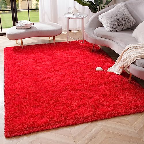 Amearea Premium Soft Fluffy Area Rug Modern Shag Carpet, 3x5 Feet, Fuzzy Shaggy Rugs for Bedroom Living Room Teen Apartment Decor, Comfortable Indoor Furry Dorm Carpets, Red - Image 1