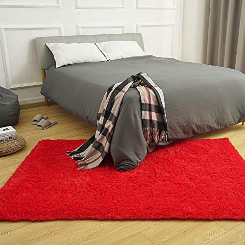 Amearea Premium Soft Fluffy Area Rug Modern Shag Carpet, 3x5 Feet, Fuzzy Shaggy Rugs for Bedroom Living Room Teen Apartment Decor, Comfortable Indoor Furry Dorm Carpets, Red - Image 2
