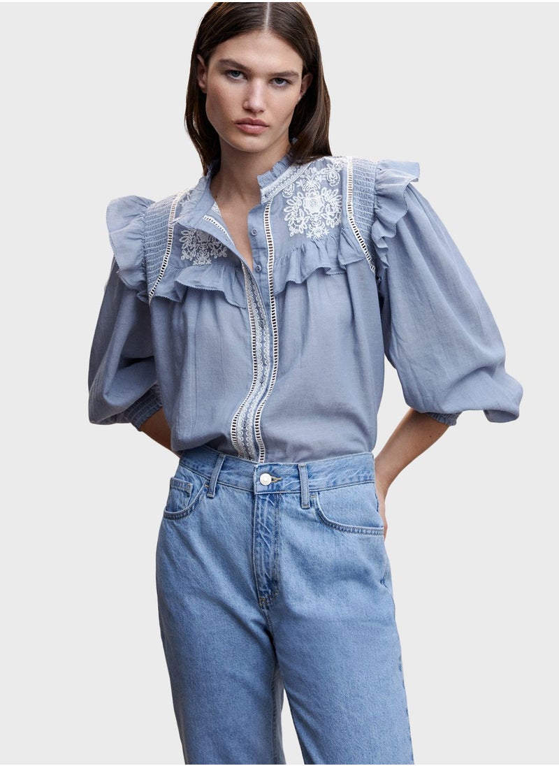 MANGO - Embroidered Ruffle Top - Image 1