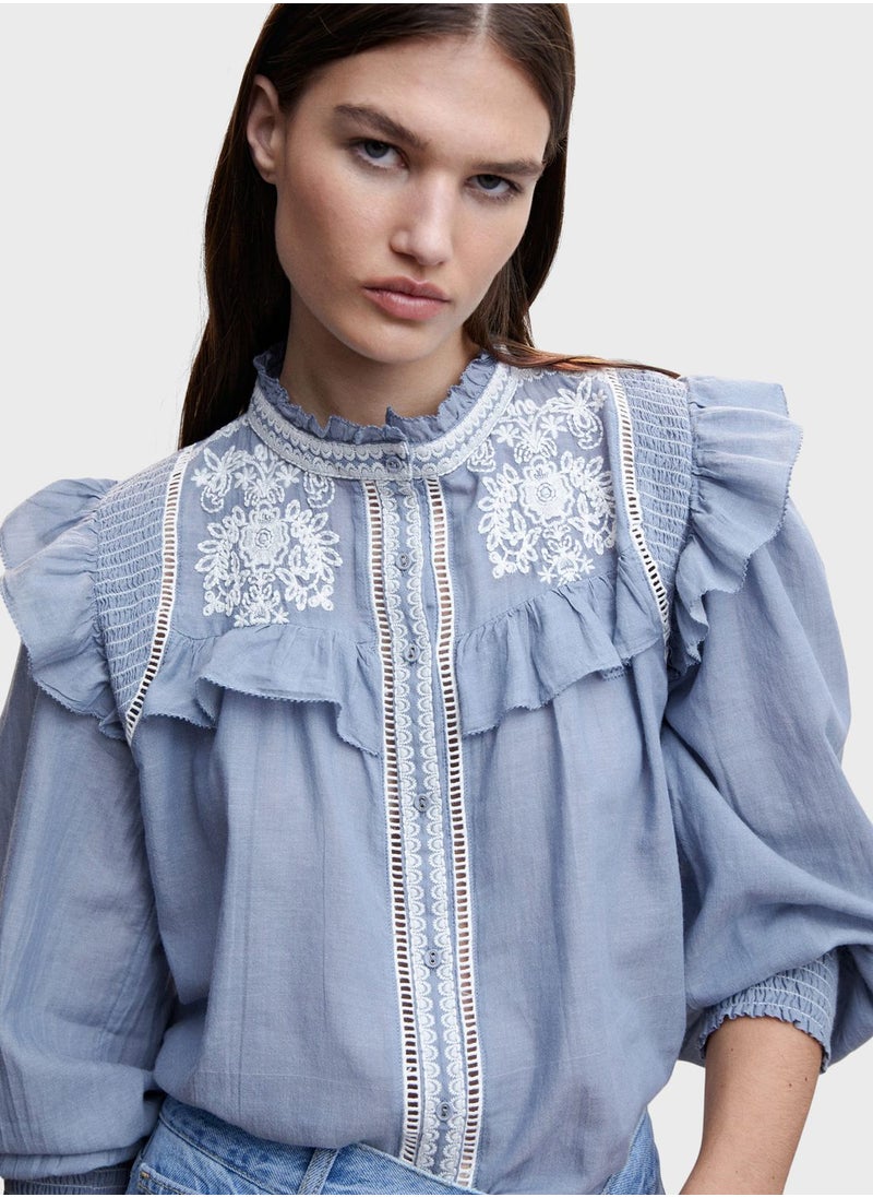 MANGO - Embroidered Ruffle Top - Image 1