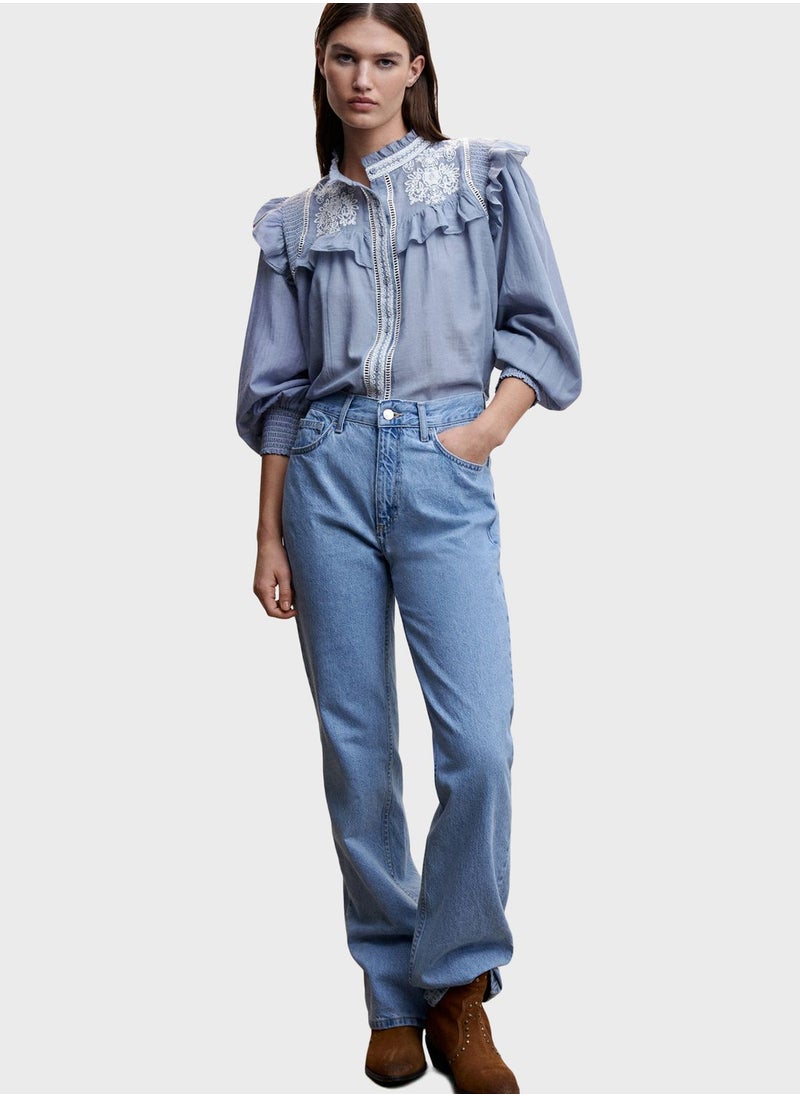 MANGO - Embroidered Ruffle Top - Image 1