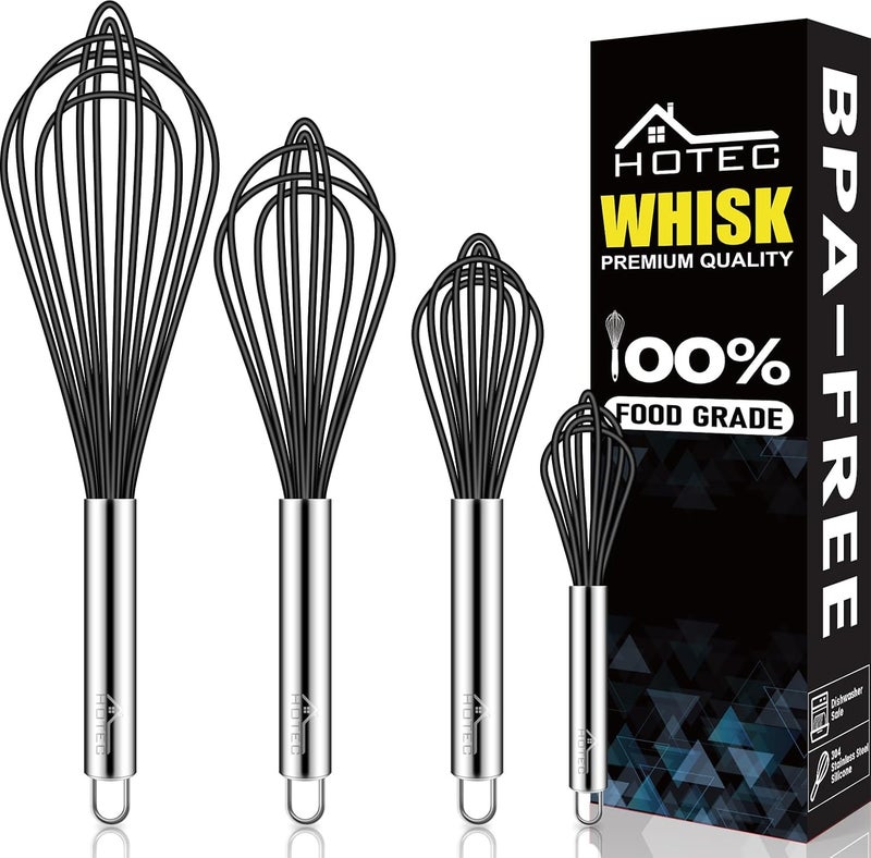 hotec 4 Pieces Silicone Whisks Set, Wire Balloon Whisks Egg Beater, Non-slip Handle Whisk for Non-stick Cookware Perfect for Cooking, Stirring, Beating and Blending (Black) - Image 1