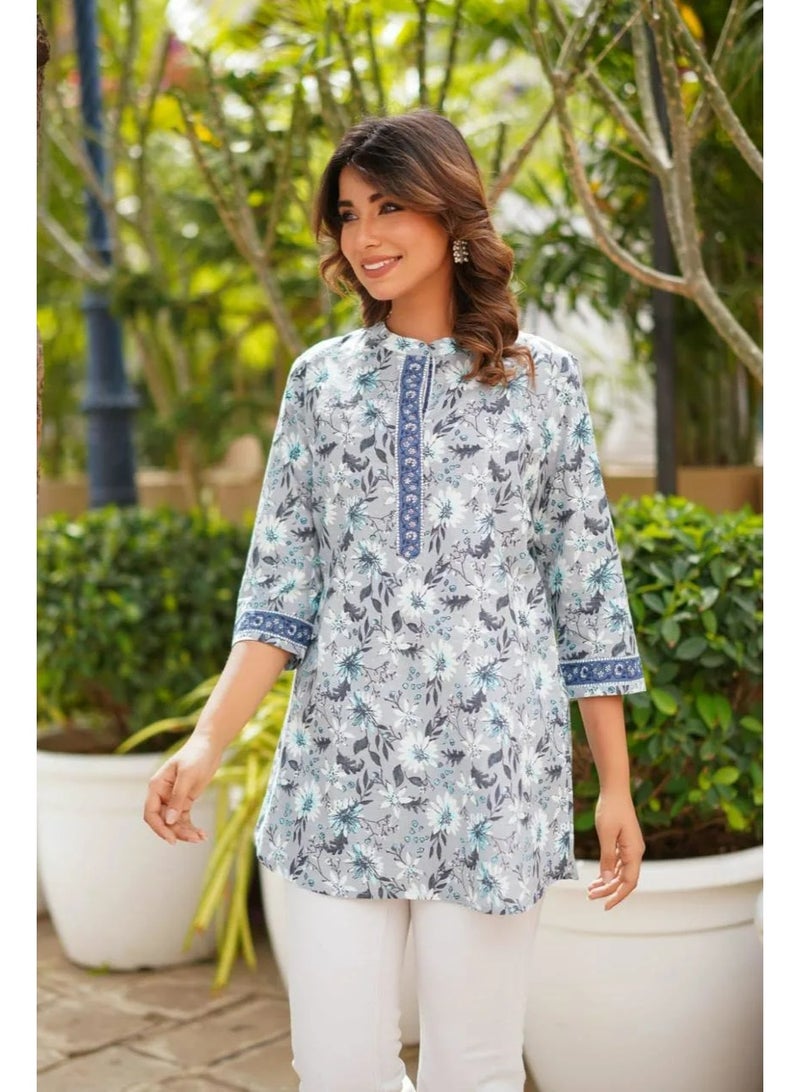 Women's Floral Pure Cotton Tunic Top with Band Collar, Grey and Blue - Image 2