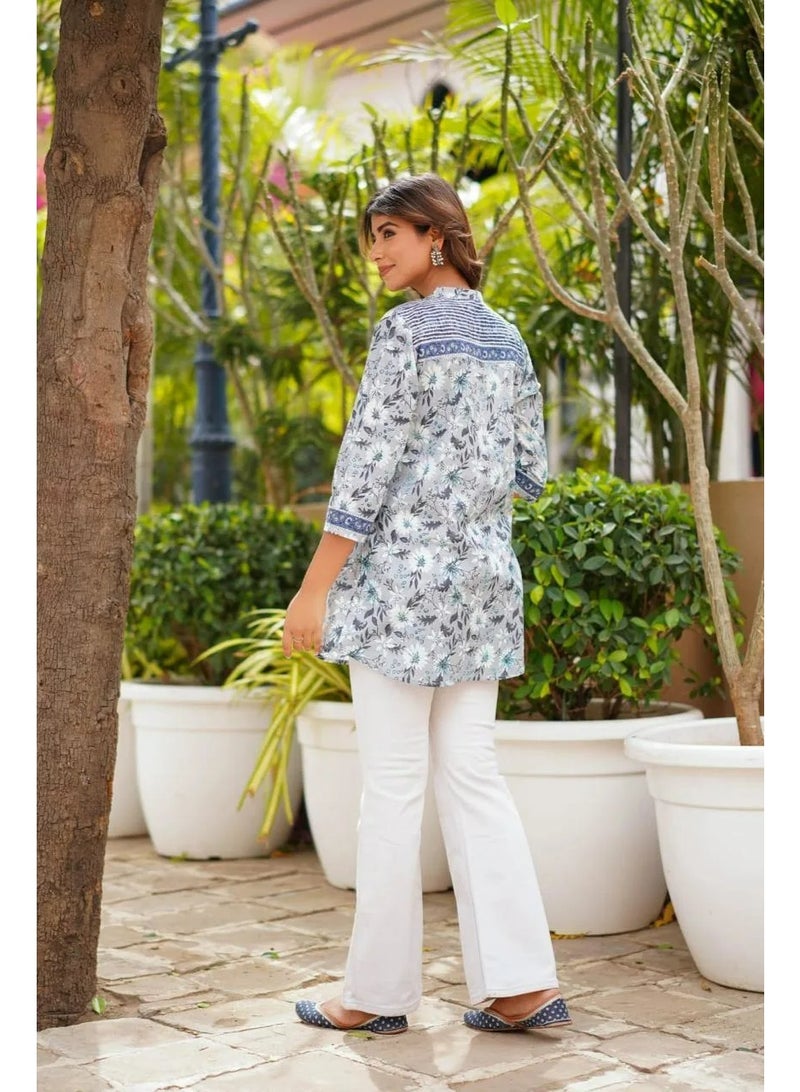 Women's Floral Pure Cotton Tunic Top with Band Collar, Grey and Blue - Image 4