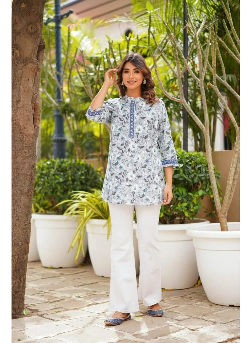 Women's Floral Pure Cotton Tunic Top with Band Collar, Grey and Blue - Image 3