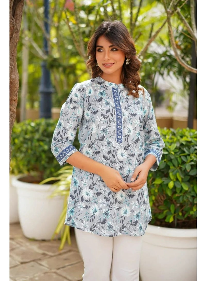 Women's Floral Pure Cotton Tunic Top with Band Collar, Grey and Blue - Image 5
