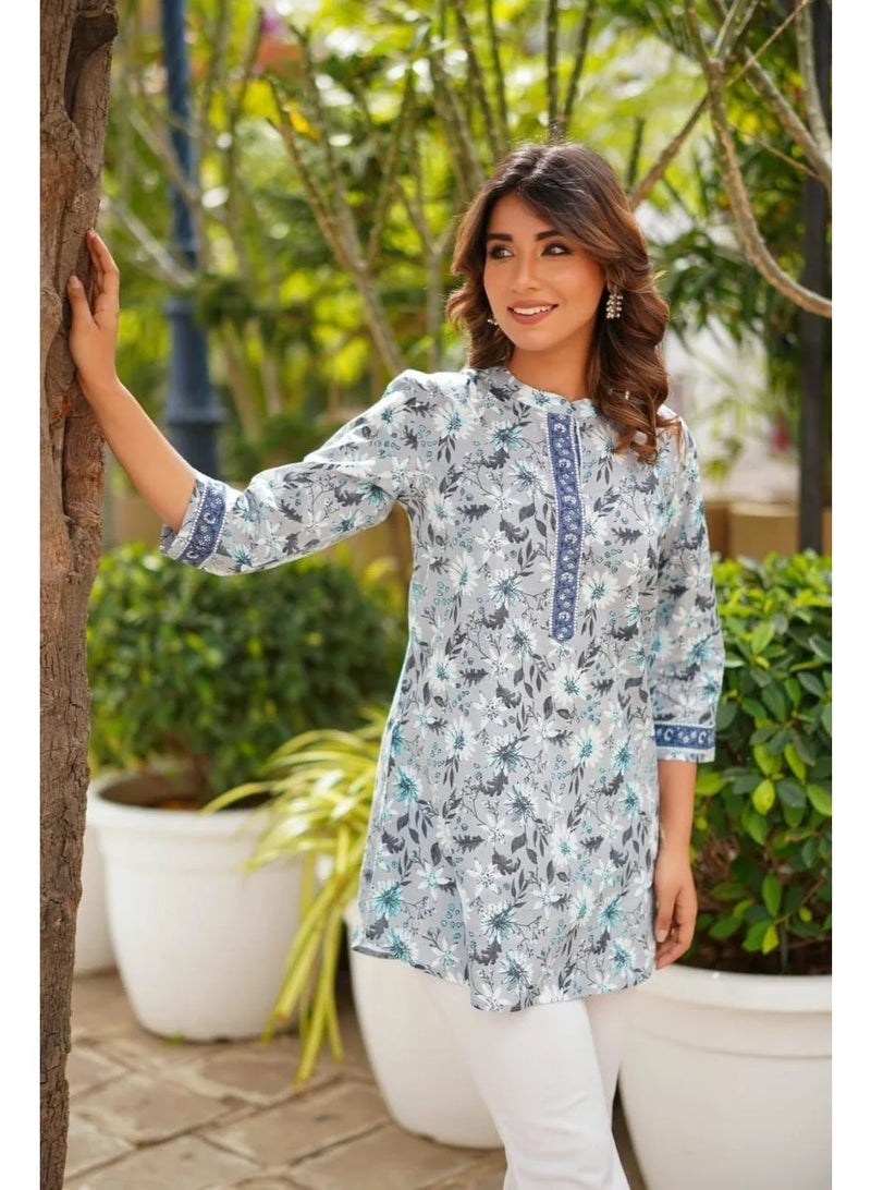 Women's Floral Pure Cotton Tunic Top with Band Collar, Grey and Blue - Image 1