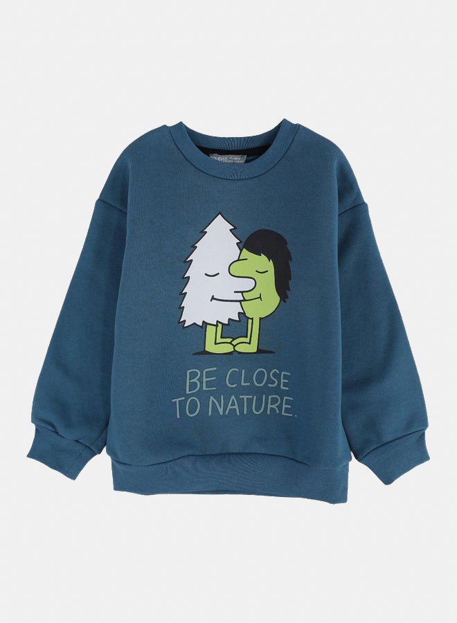 Pompelo Boys Cotton Sweatshirt – Petroleum Blue with “Be Close to Nature” Print - Image 1