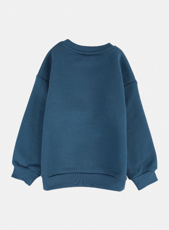 Pompelo Boys Cotton Sweatshirt – Petroleum Blue with “Be Close to Nature” Print - Image 2