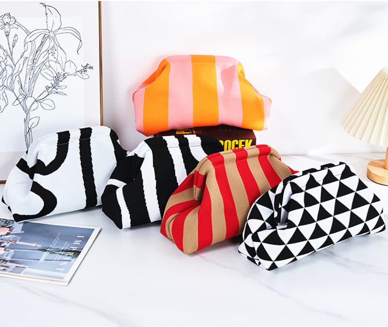 DIHKLCIO Clutch Purses for Women Summer Beach Woven Crochet Handbag Dumpling Striped Ruched Cloud Purse colorblock Evening Bag orange purple streak - Image 2