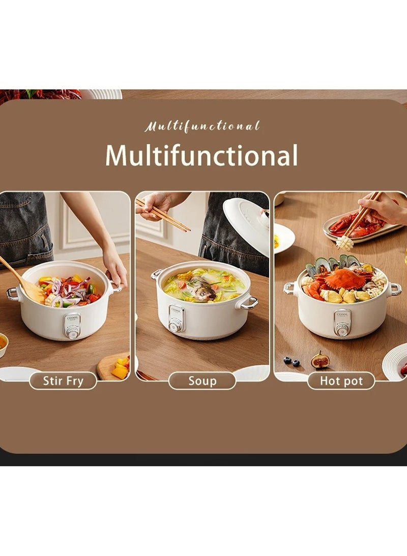 Electric Hot Pot 2.5L Multi-functional Stoveless Cooking Pot Temprature Control 750W Power Non Stick Pot Overheating Boiled and Dry Protection Stir Fry Soup and HotPot (CN 3 Pin Plug)