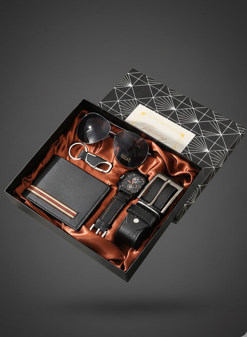 FIORICASA Men’s All-Black Fashion Gift Set (5 Pieces) – Watch, Wallet, Belt, Sunglasses & Keychain - Image 1