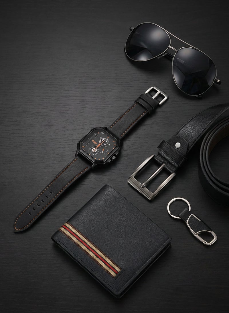 FIORICASA Men’s All-Black Fashion Gift Set (5 Pieces) – Watch, Wallet, Belt, Sunglasses & Keychain - Image 5