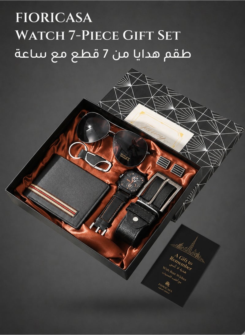 فوريكاسا طقم هدايا رجالي أنيق من فيوريكاسا (7 قطع) – ساعة، محفظة، حزام، نظارة شمسية، ميدالية مفاتيح、أزرار أكمام وبطاقة تهنئة - Image 1