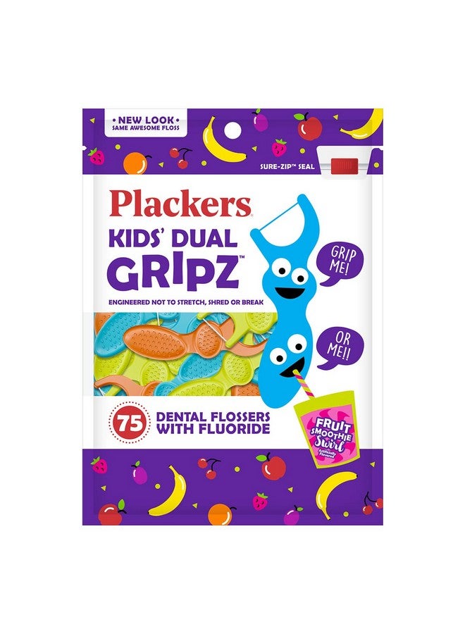 Plackers, Kid's Dual Gripz, Dental Flossers with Fluoride, Fruit Smoothie Swirl, 75 Count - Image 1