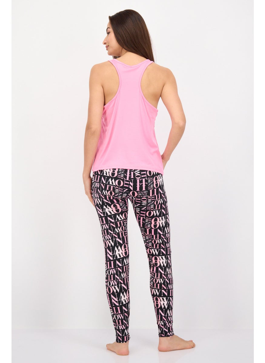 French Affair Women 2 Pieces Allover Print Sleeveless Top And Pants Set, Pink  - Image 3
