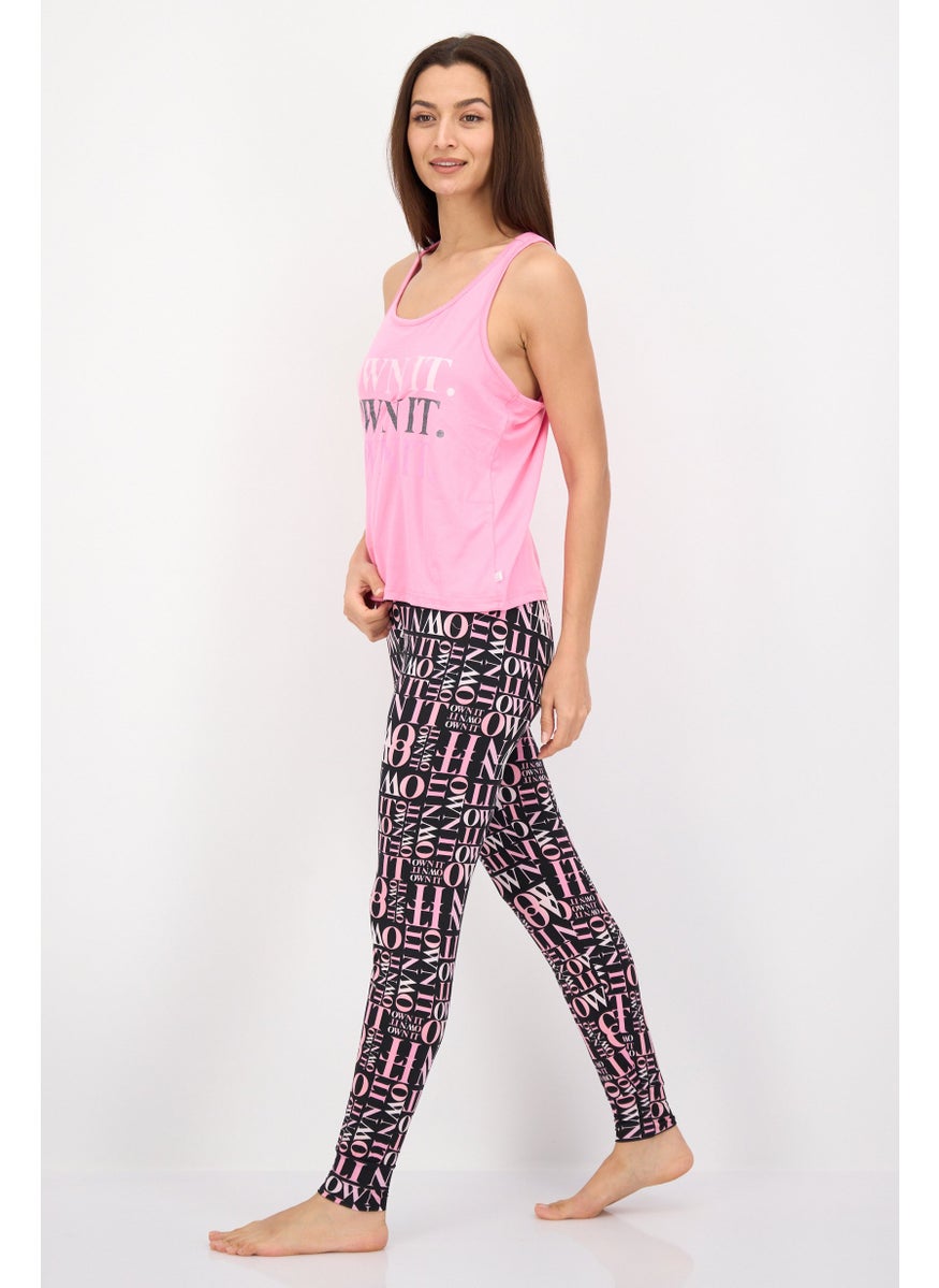 French Affair Women 2 Pieces Allover Print Sleeveless Top And Pants Set, Pink  - Image 2