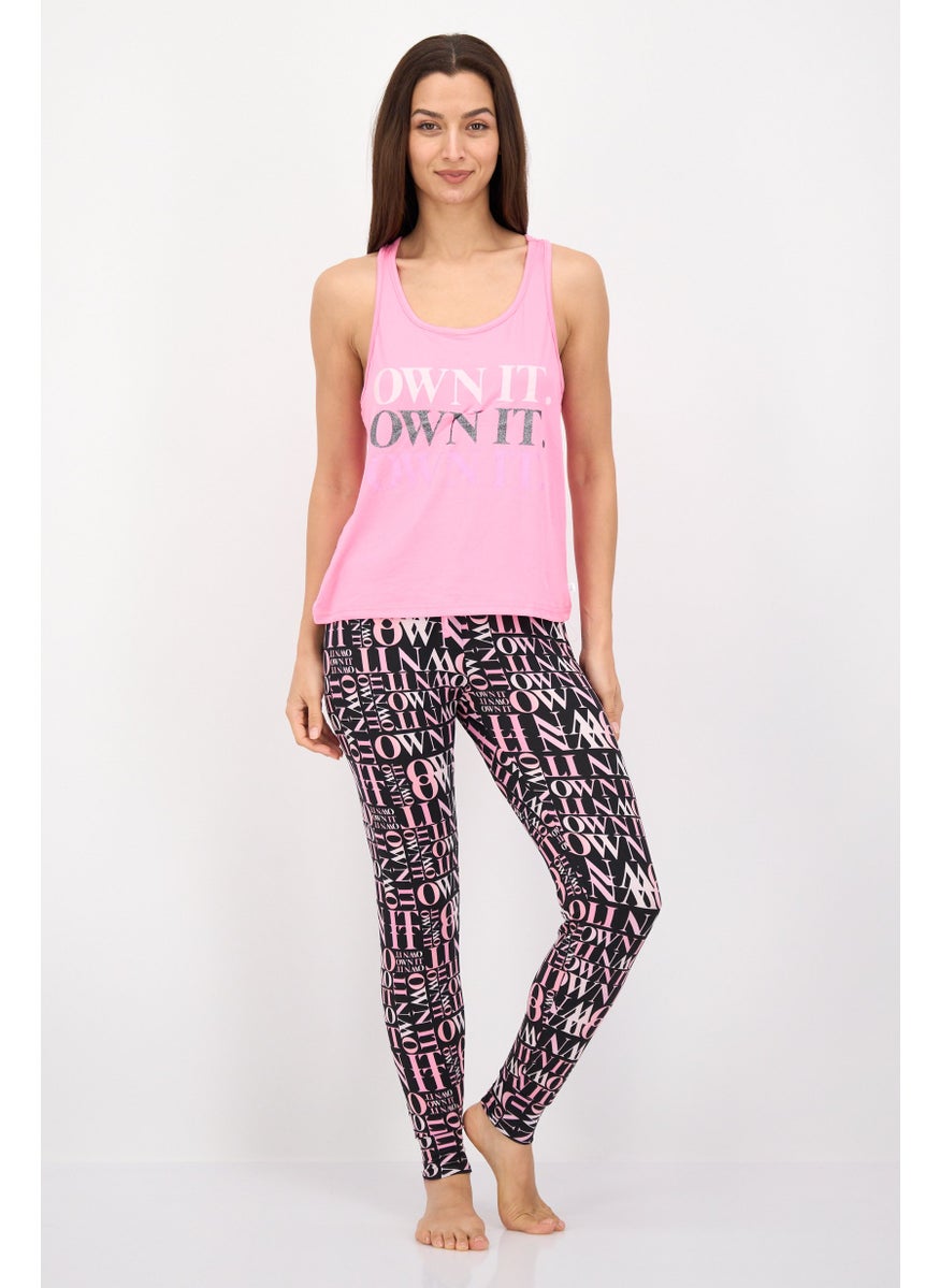 French Affair Women 2 Pieces Allover Print Sleeveless Top And Pants Set, Pink  - Image 1