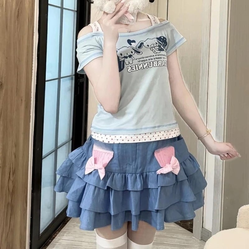 RICHTRUE Cutecore Harajuku Y2k Baby Tee Cute Kawaii Emo Grunge Shirt Women Vintage Graphic Tees Short Sleeve Alt Tops 2000s (Blue White Polka Dot,Small) - Image 5