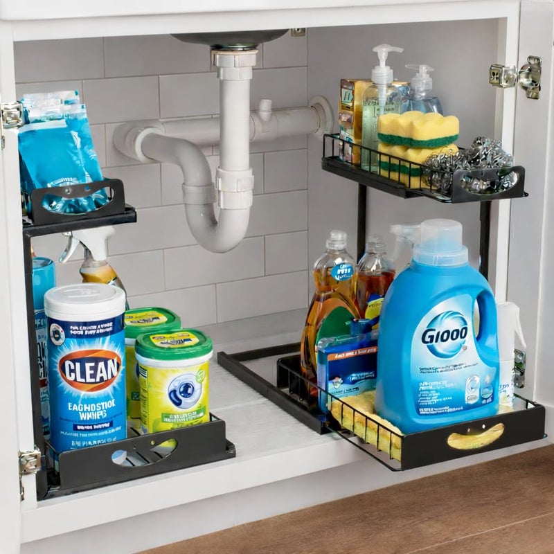 ClearSpace Under Sink Organizer, Pull Out Cabinet Organizer, 2 Pack - 2 Tier Slide Out Organizers and Storage Shelf - Metal Sliding Drawer for Kitchen Bathroom Pantry Cabinet Organization Rack, Black - Image 1