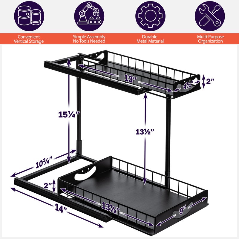 ClearSpace Under Sink Organizer, Pull Out Cabinet Organizer, 2 Pack - 2 Tier Slide Out Organizers and Storage Shelf - Metal Sliding Drawer for Kitchen Bathroom Pantry Cabinet Organization Rack, Black - Image 2