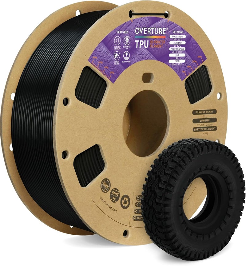 OVERTURE TPU Filament 1.75mm Flexible Roll, 95A Soft 3D Printer Filament, 1kg Spool (2.2 lbs), Fit Most FDM Printer (TPU Black) - Image 1